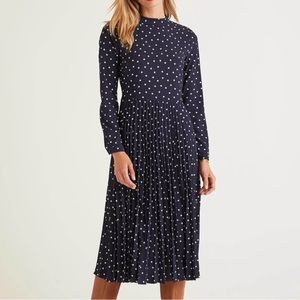 Boden Camille Navy Blue White Polka Dot Pleated Midi Dress Long Sleeve US 8